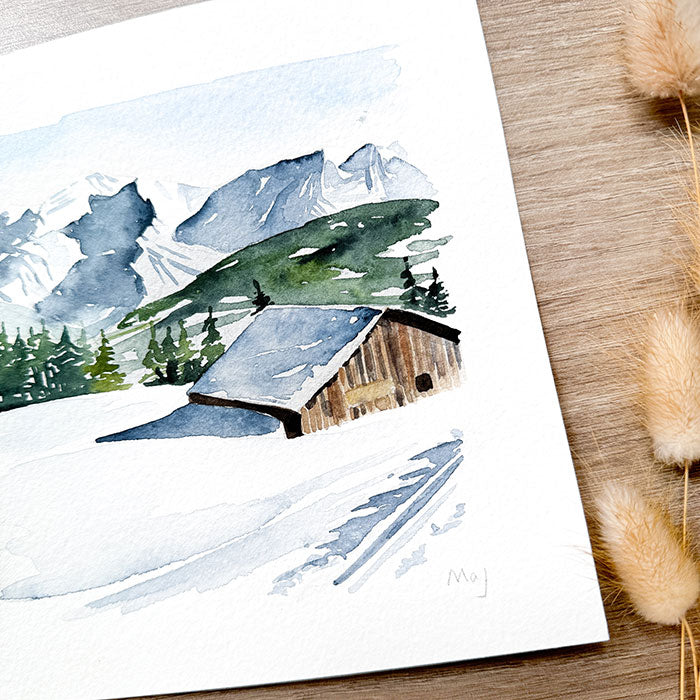 Aquarelle originale "Chalet sous la neige"