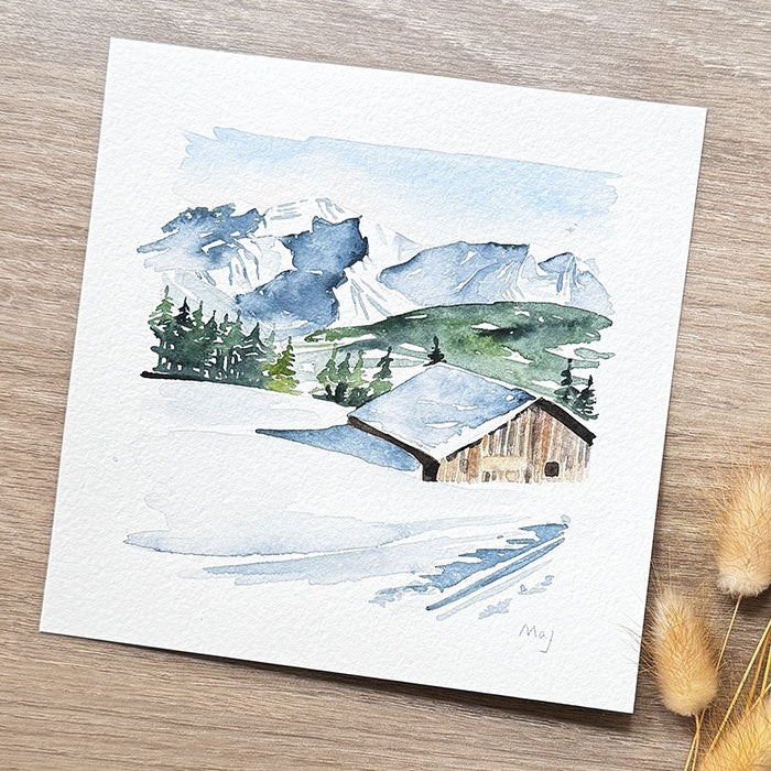 Aquarelle originale "Chalet sous la neige"
