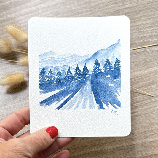 Aquarelle originale "Montagne en monochrome bleu n°1"