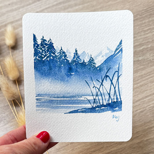 Aquarelle originale "Montagne en monochrome bleu n°2"