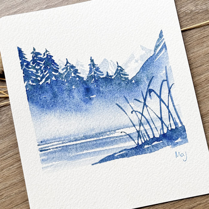 Aquarelle originale "Montagne en monochrome bleu n°2"