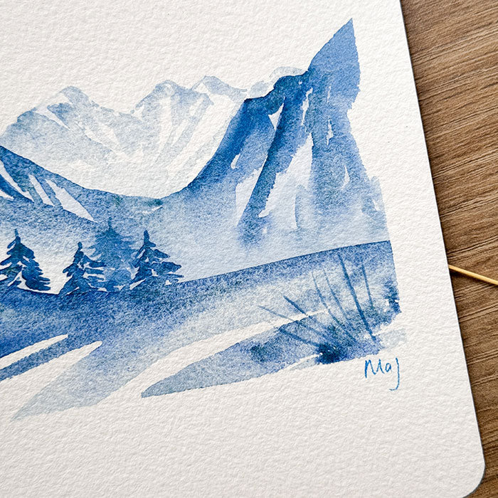 Aquarelle originale "Montagne en monochrome bleu n°3"