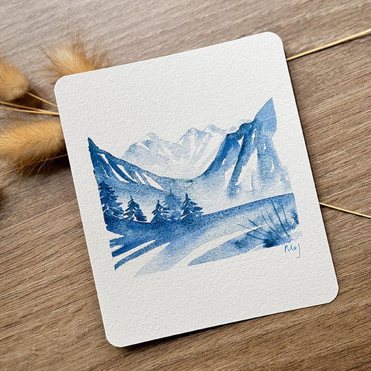 Aquarelle originale "Montagne en monochrome bleu n°3"