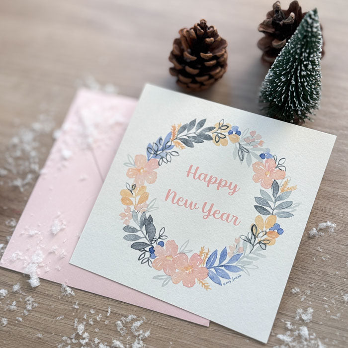 Carte Happy New Year couronne et son enveloppe