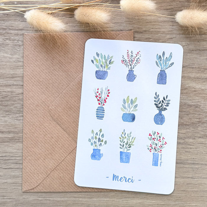 Carte Merci pots de fleurs avec son enveloppe