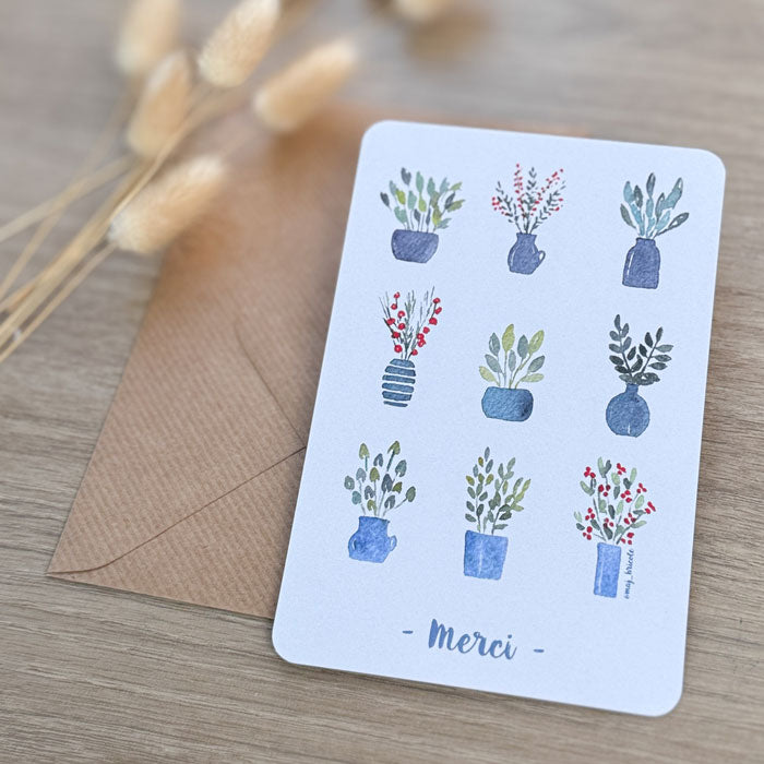 Carte Merci pots de fleurs avec son enveloppe