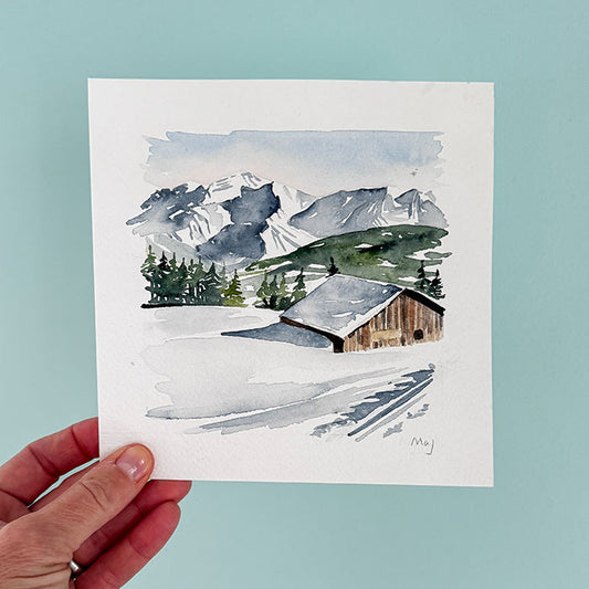 Aquarelle originale "Chalet sous la neige"